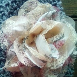 Ladies Crochet Gray Beanie with Pink and Gray Flower